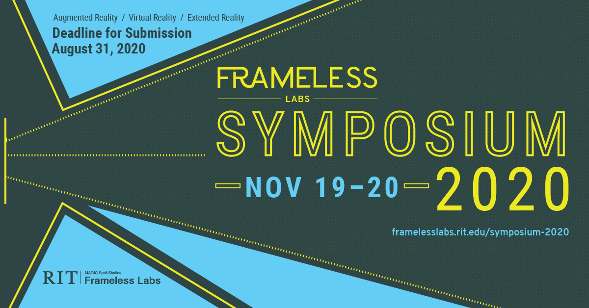Decorative poster with blue background and dark grey and bright yellow geometric-shaped accents and dark grey, blue, and yellow font giving the date, time of event described here: http://framelesslabs.rit.edu/symposium-2020/