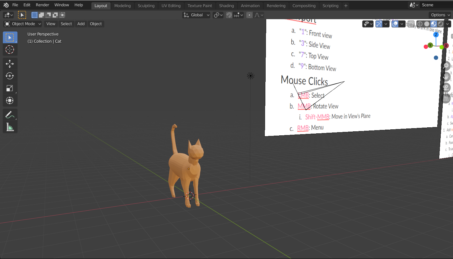 screenshot of 3D modeled cat in Blender