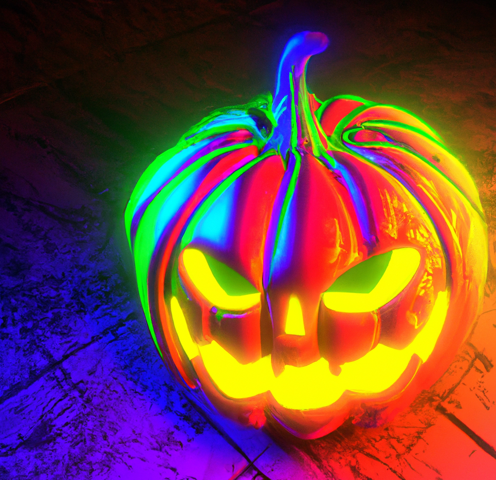3D modeled carved pumpkin with neon colors.