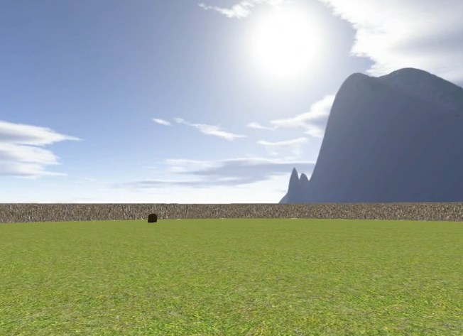 3D nature scene. Shows a field, a wide sky, and a mountain in the background.