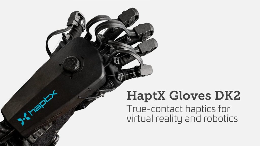 Image of HaptX Glove on left-hand side. Text in Right bottom corner that reads HaptX Gloves DK2 True-contact haptics for virtual reality and robotics.