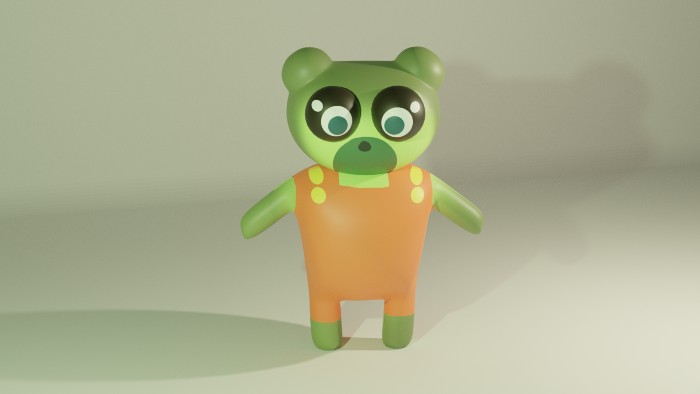 3D-modeled teddy bear wearing overalls.