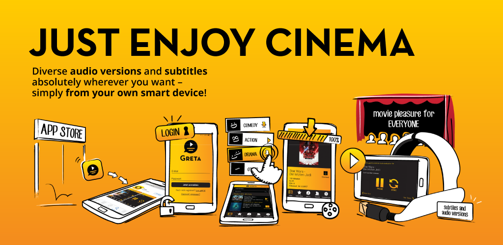 image from the London National Theatre with the following text: Just Enjoy Cinema: diverse audio versions and subtitles absolutely wherever you want - simply from your own smart device
