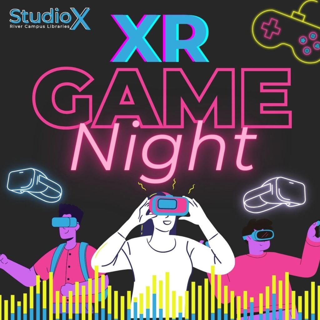 promotional graphic for XR game night. Shows some illustrations of people in VR headsets. 