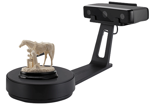 Black 3D scanner with Khaki colored horse sculpture