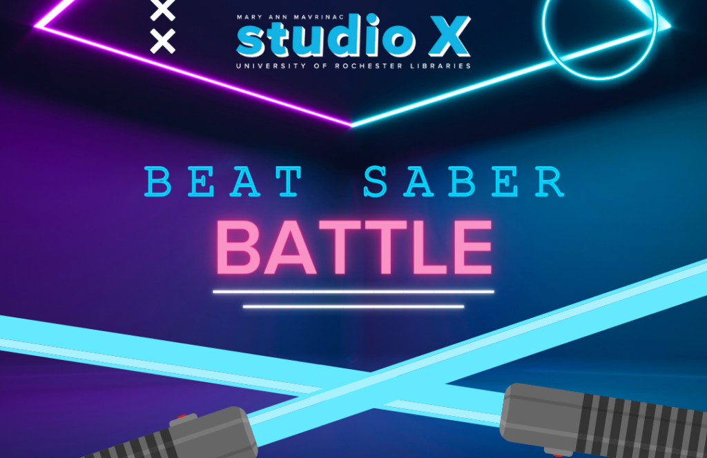 promotional image for Beat Saber battle. Shows two light sabers crossing. 