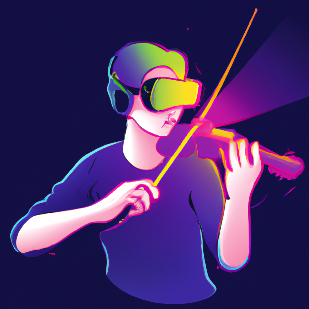 illustration of a person wearing a VR headset playing the violin.
