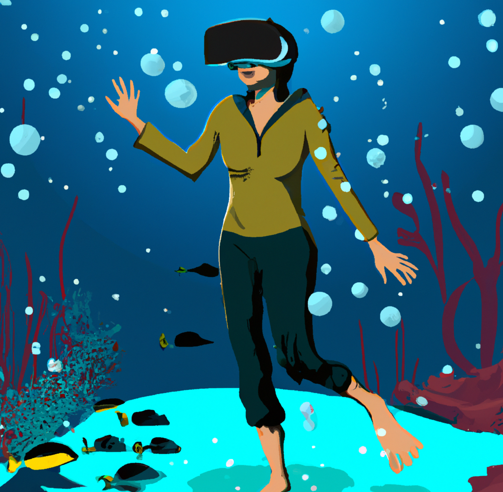 a person wearing a virtual reality headset in an underwater scene.