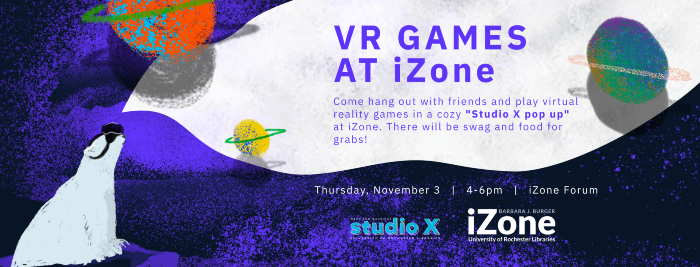 promotional image for pop-up at iZone. Shows a polar bear wearing a VR headset. 