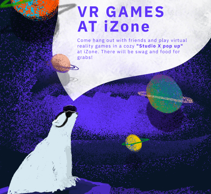 promotional image for pop up at izone. Shows a polar bear in a vr headset.