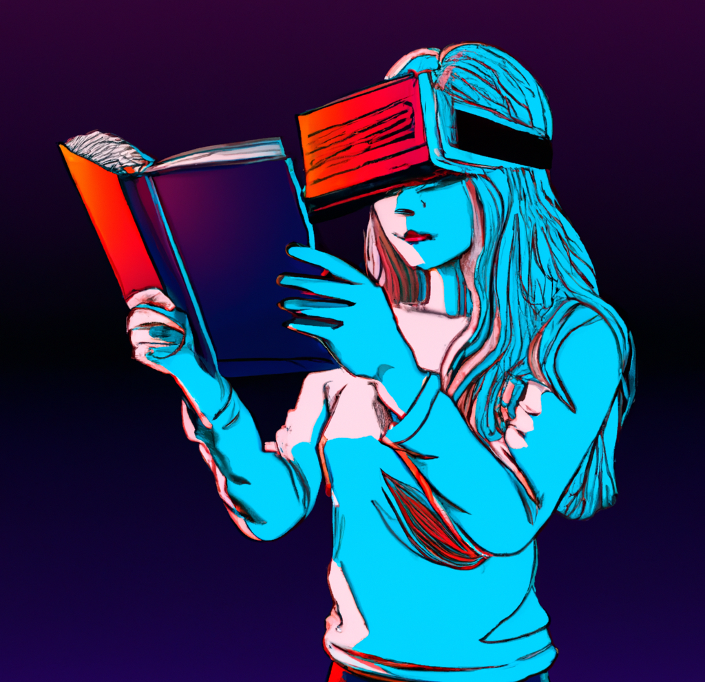 illustration of a woman wearing a VR headset reading a book.