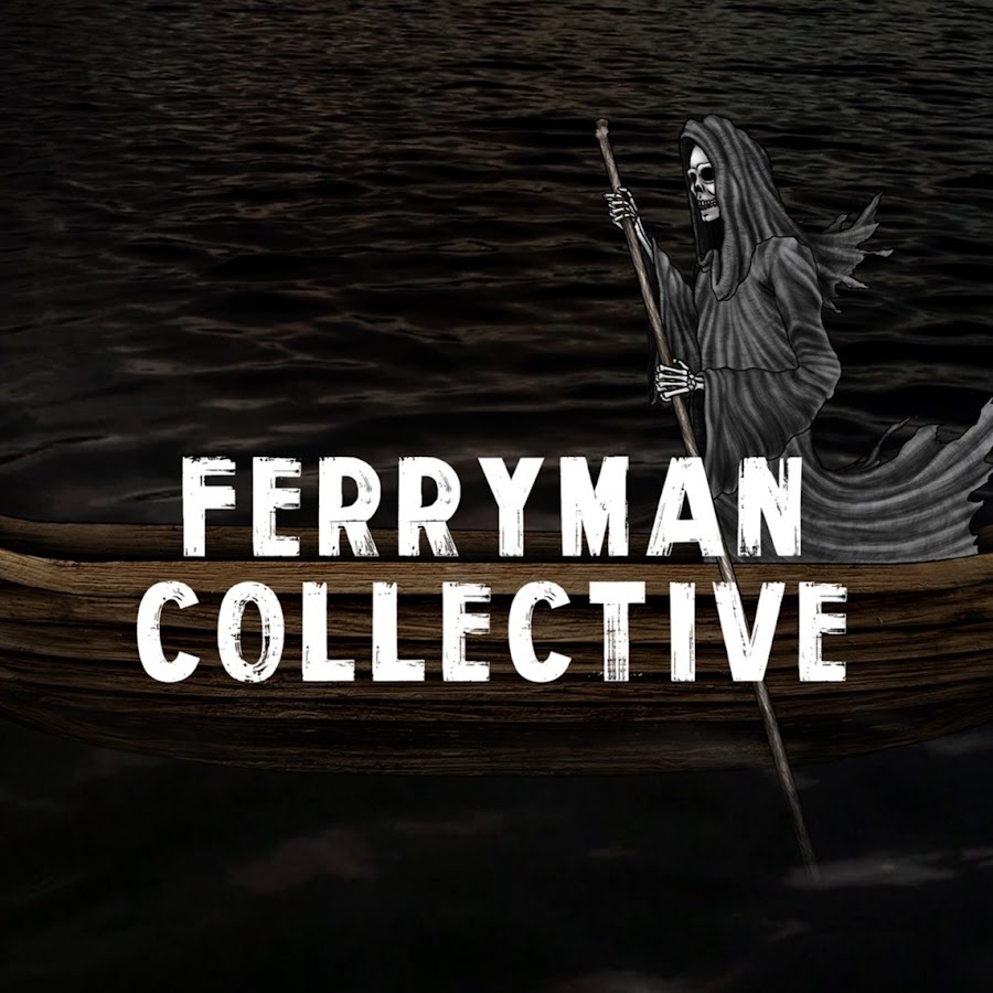 Ferryman collective logo. Shows a grim reaper standing paddling in a boat.