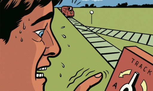 an illustrated comic of a person panicking about the trolley problem.