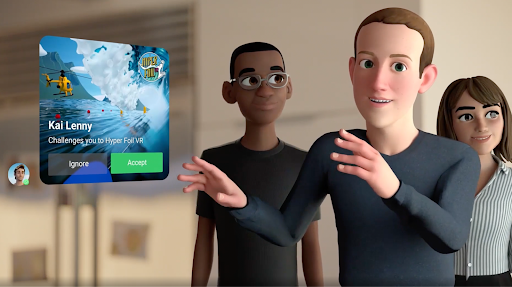 Mark Zuckerberg's avatar in a metaverse space with two companions. 